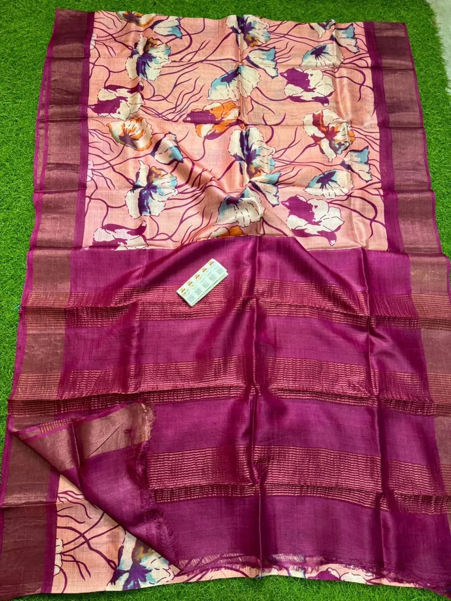 Tussar Silk Saree Traditional Block Type Printed Border And Pallu And Attach Contast Blouse Piece